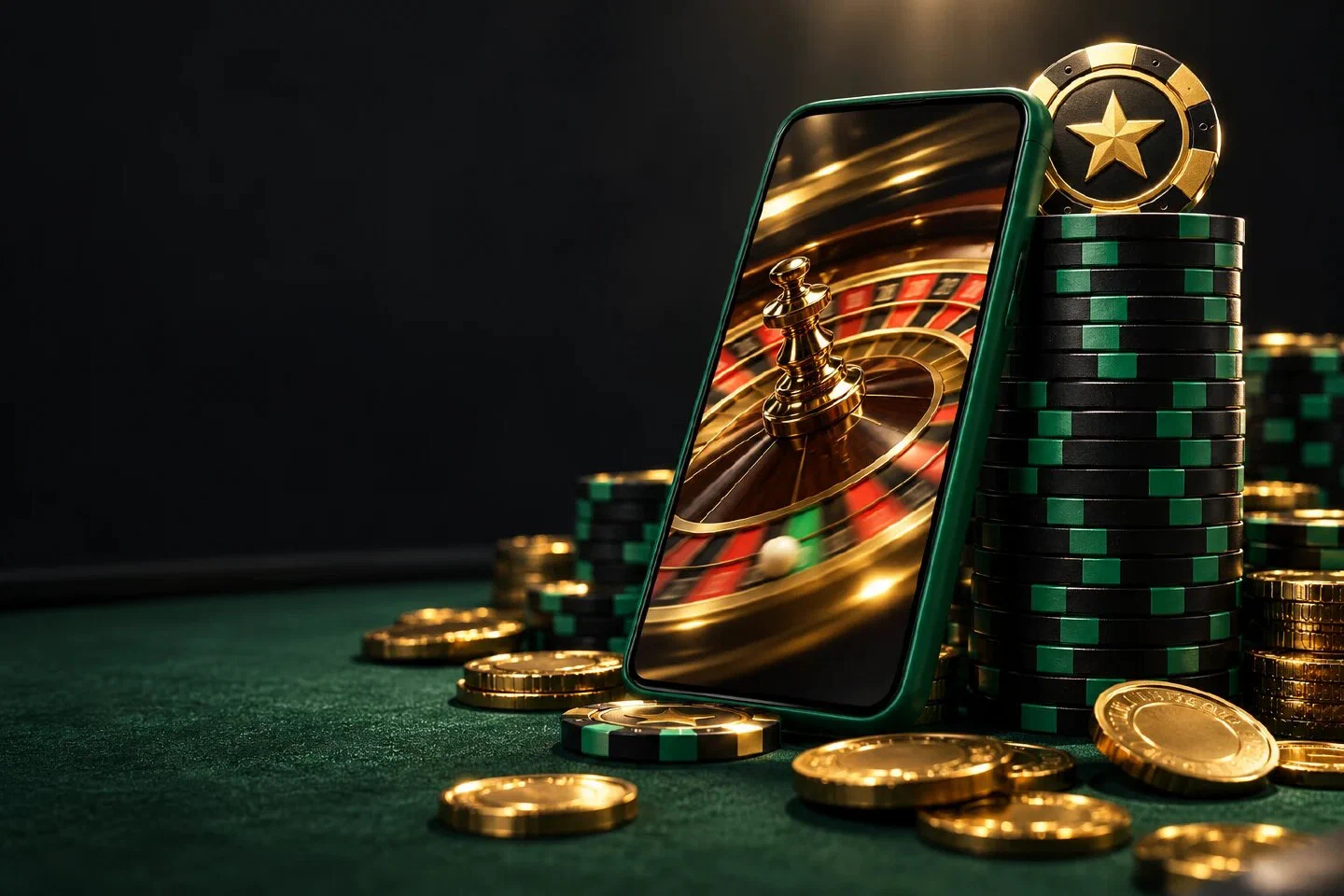 Phone in an emerald case leaning on a tall chip stack with a roulette wheel on its screen