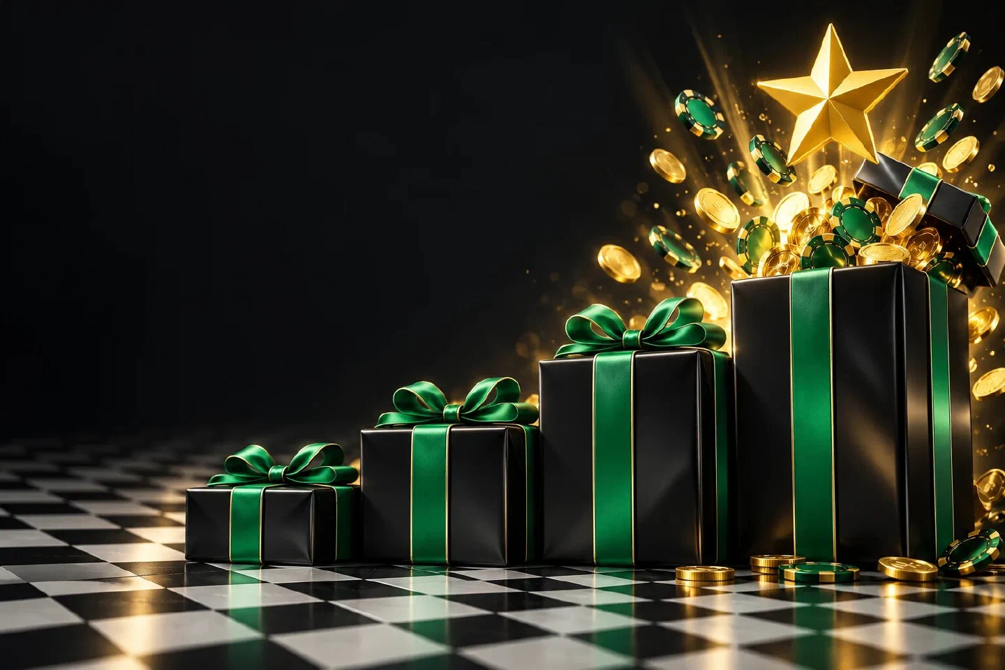 Four black gift boxes with green ribbons rising like podium steps under a gold star