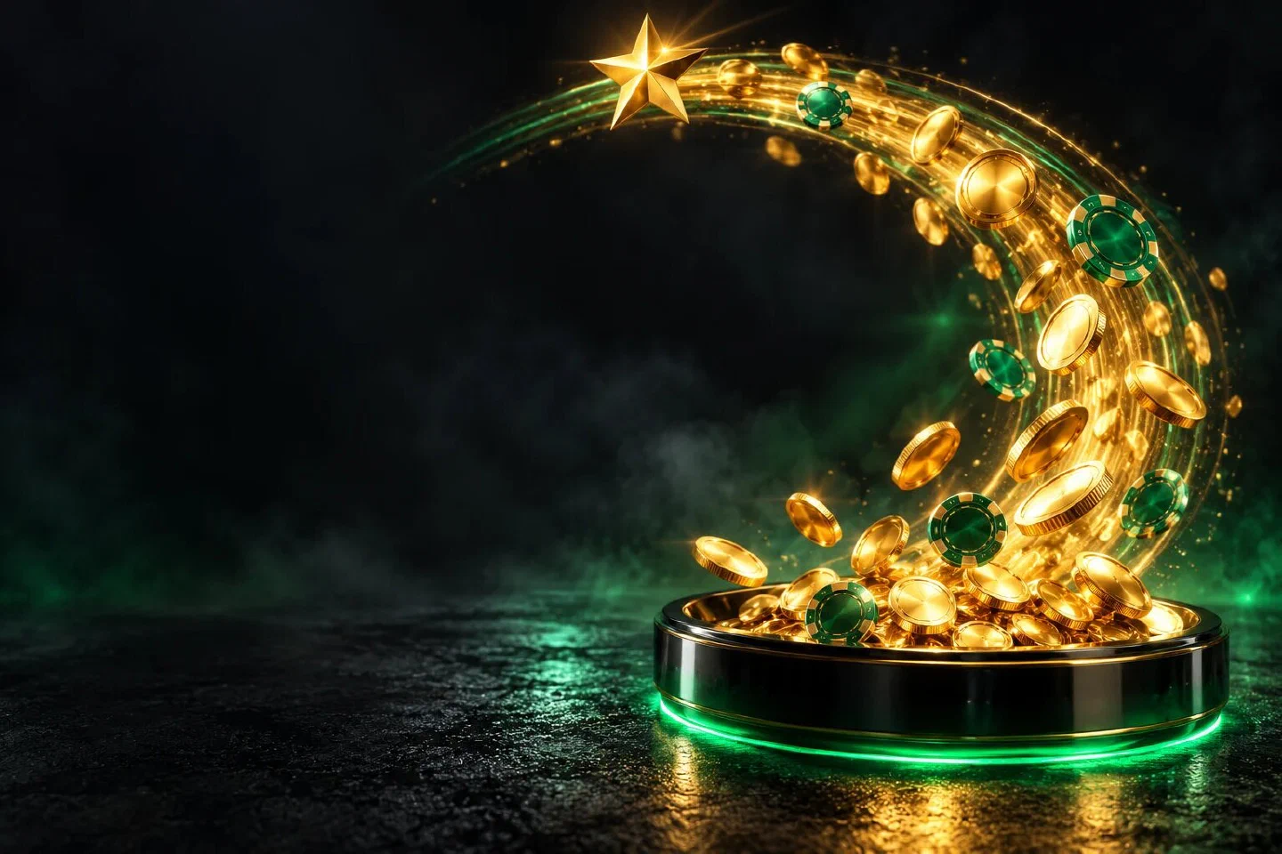 Arc of gold coins and green chips curving back into a glowing coin tray