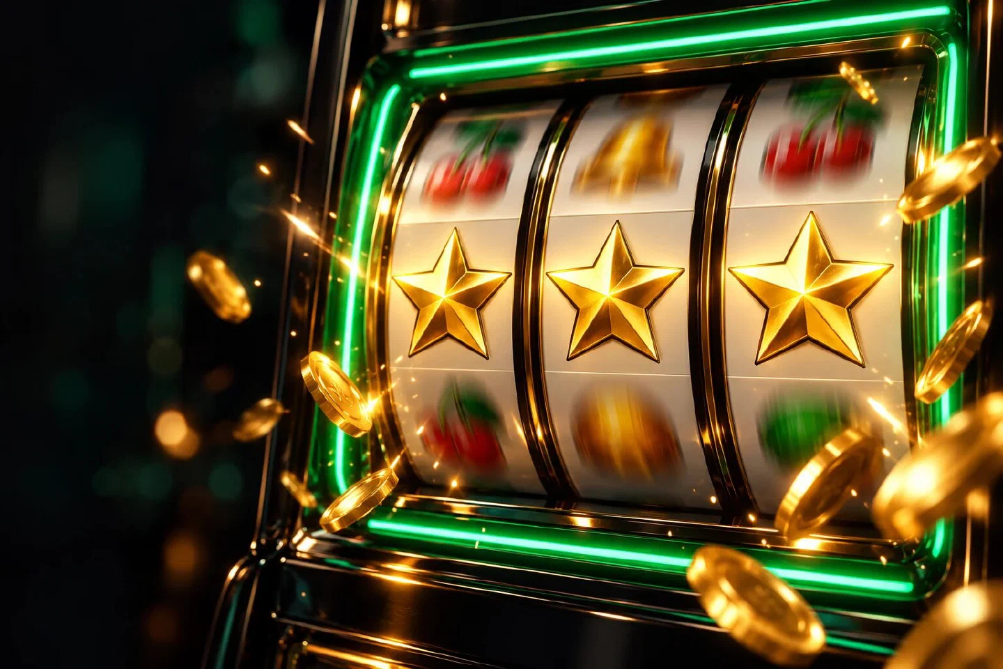 Slot reels landing three gold stars in an emerald neon frame with coins flying