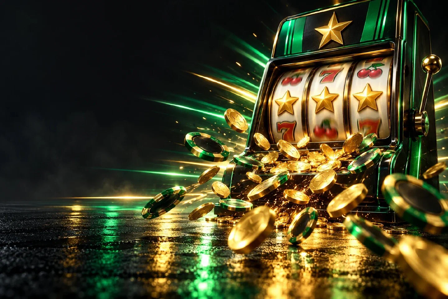 Black slot machine with emerald stripes and a gold star topper spilling gold coins and chips
