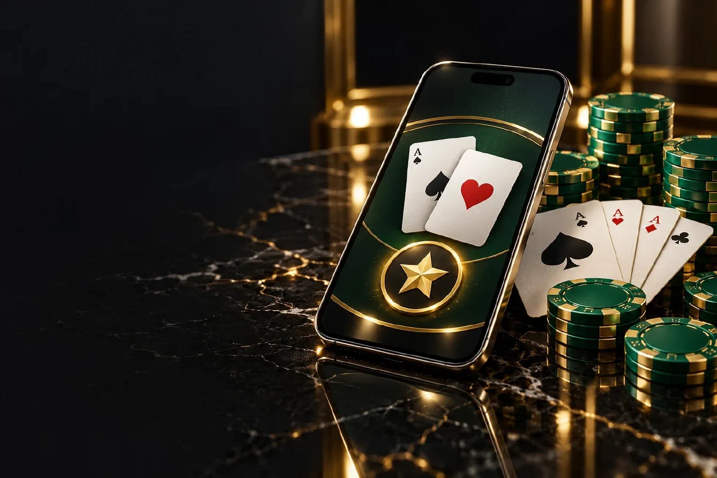 Silver phone on black marble showing a blackjack hand and a gold star badge beside green chips