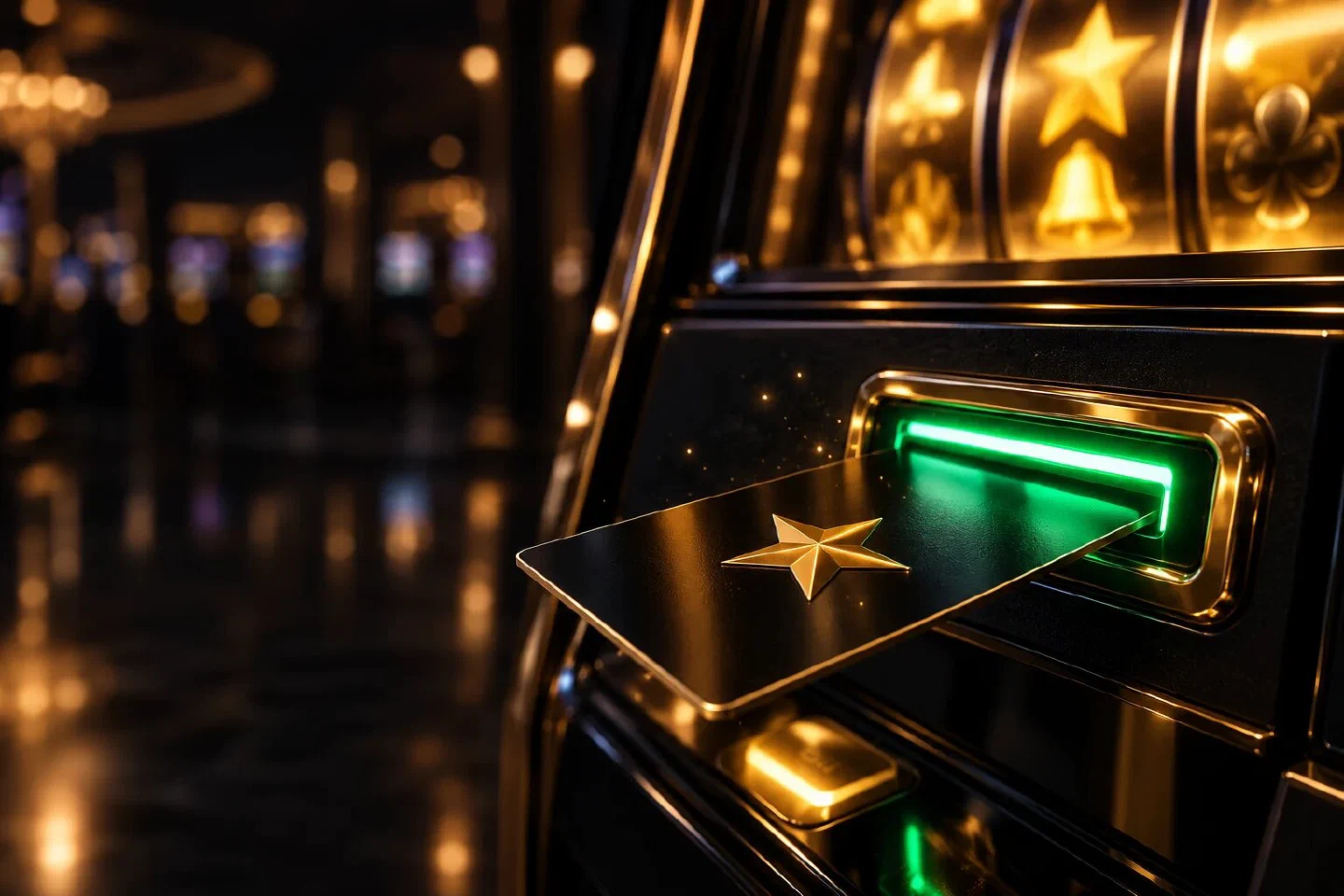 Black key card with a gold star sliding into a slot machine reader that glows green