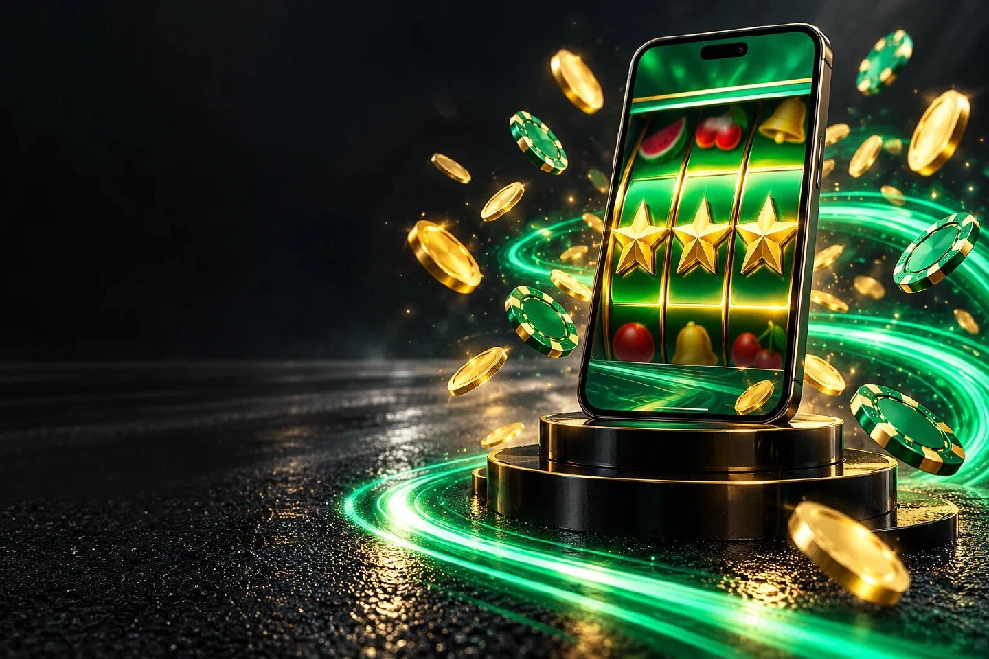 Smartphone on a black podium showing gold star reels with emerald light trails and flying coins