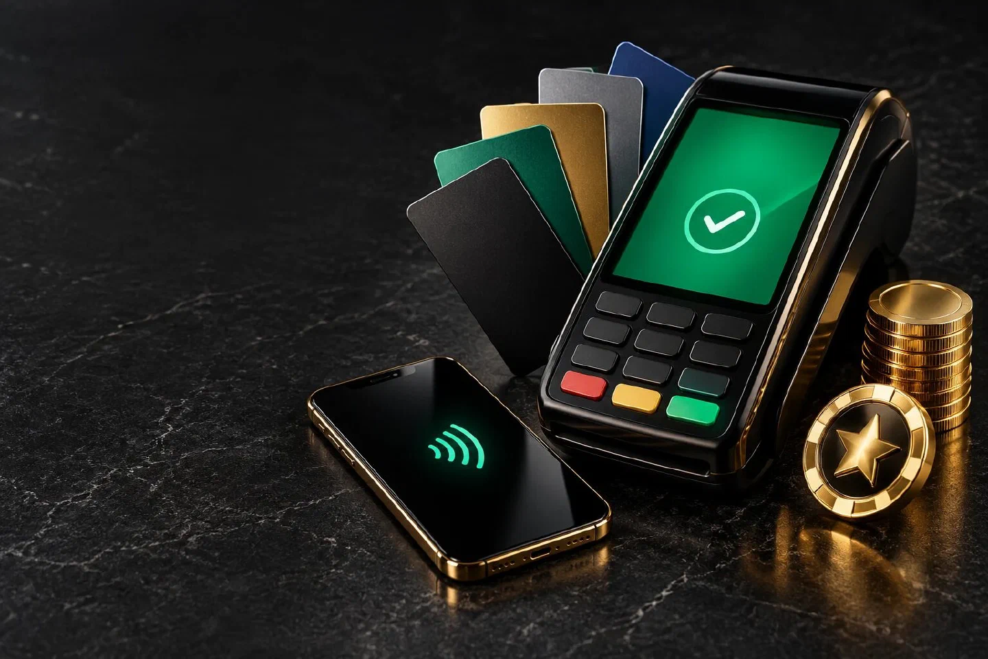 Black card terminal with a green check screen among cards, a phone and a gold star chip