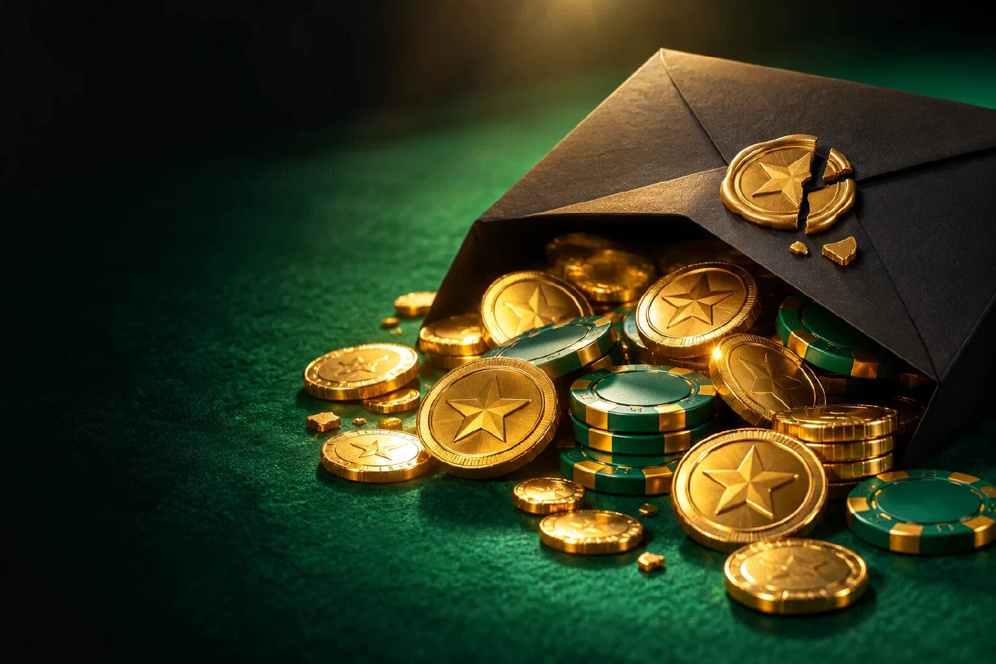 Black envelope with a broken gold star seal spilling coins and green chips on green felt