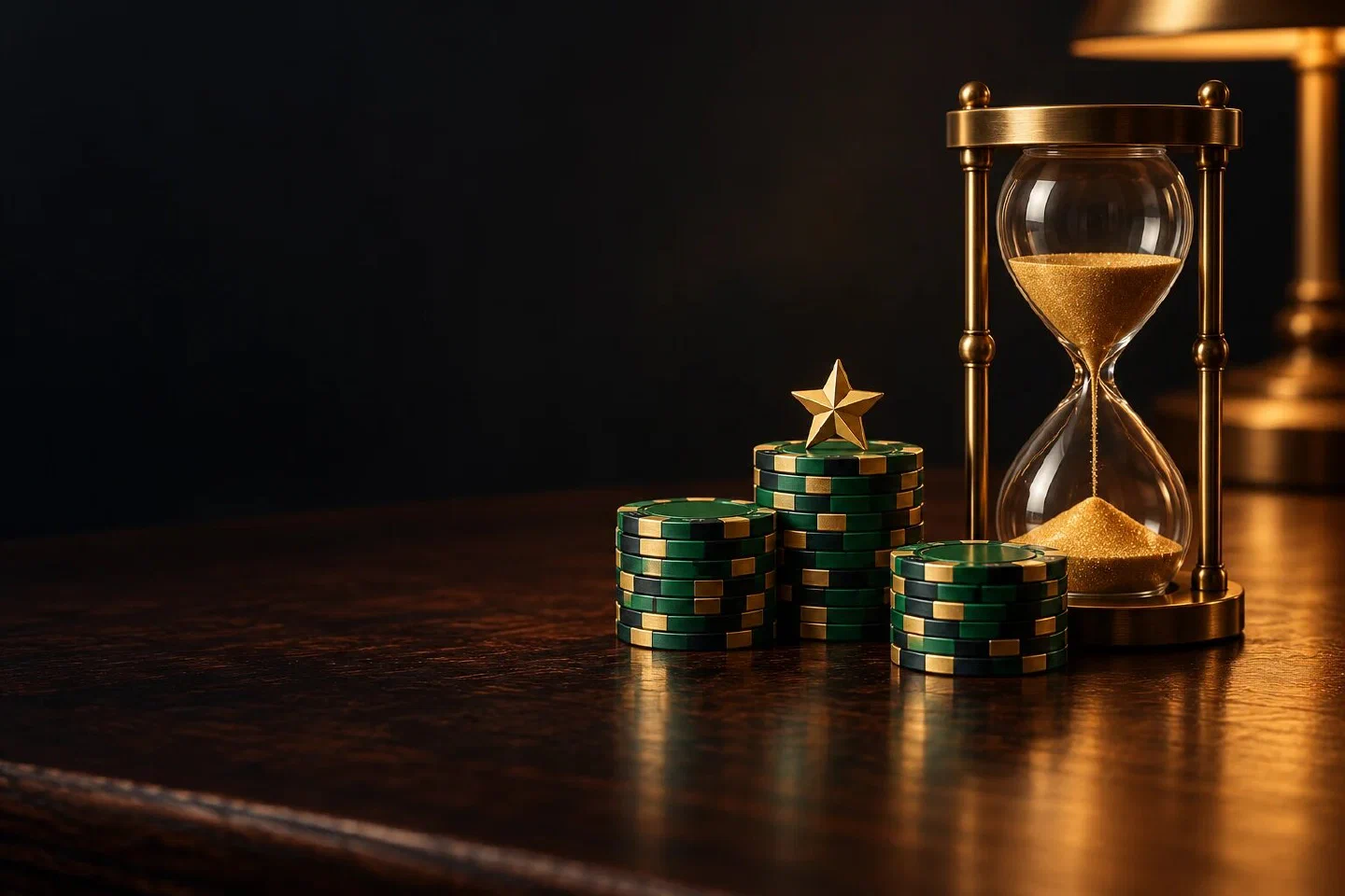 Brass hourglass with gold sand beside neat stacks of green chips under a desk lamp