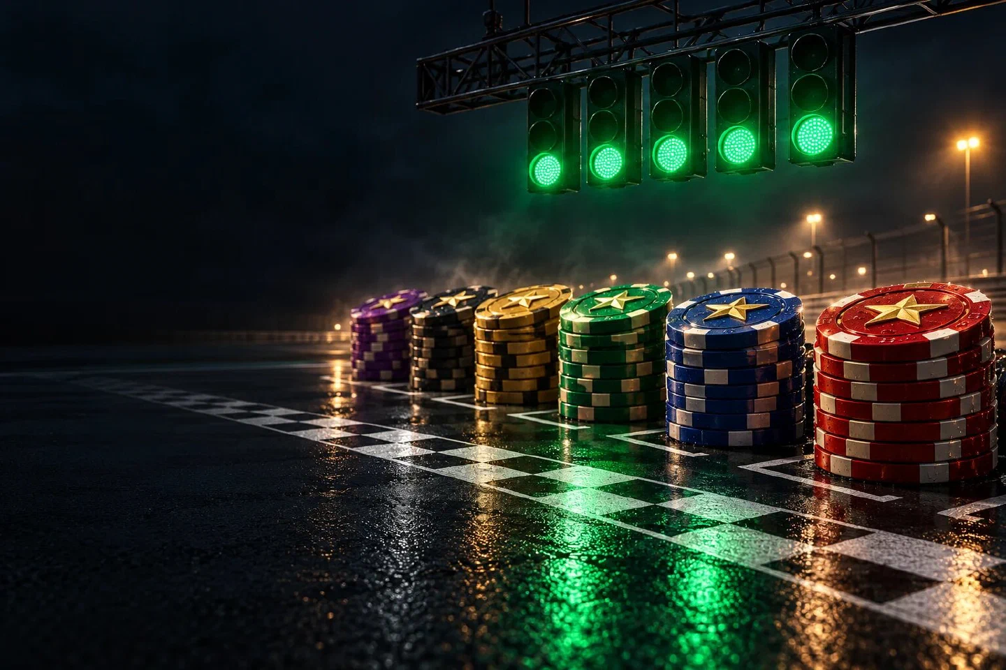 Starting lights turning green over stacks of casino chips lined up on a chequered start line