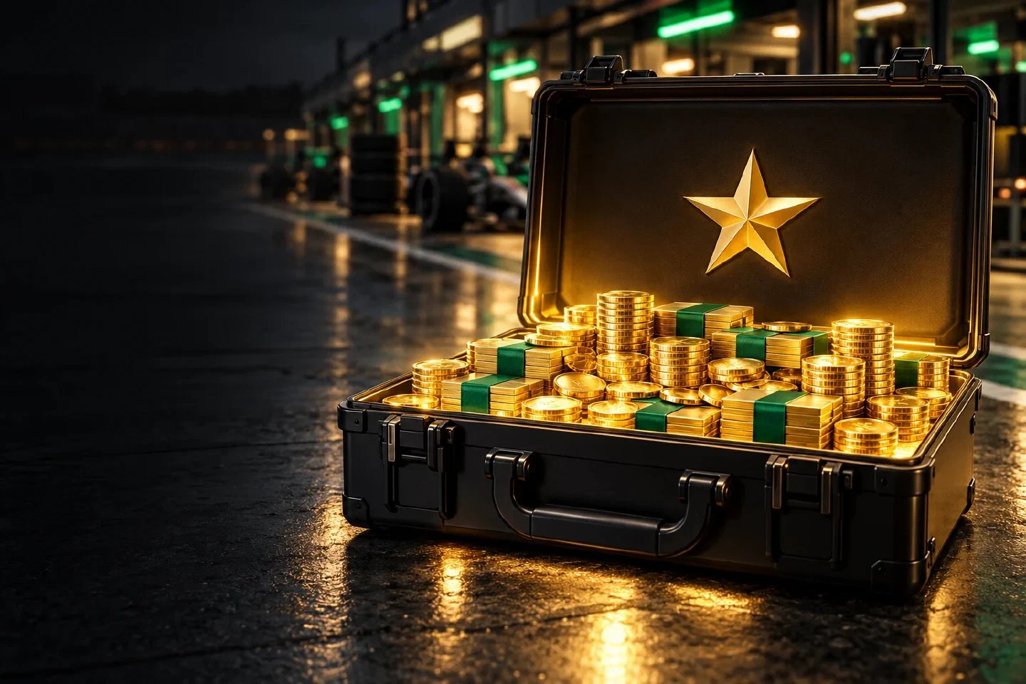 Open black briefcase full of gold coin stacks with green bands in a racing pit garage