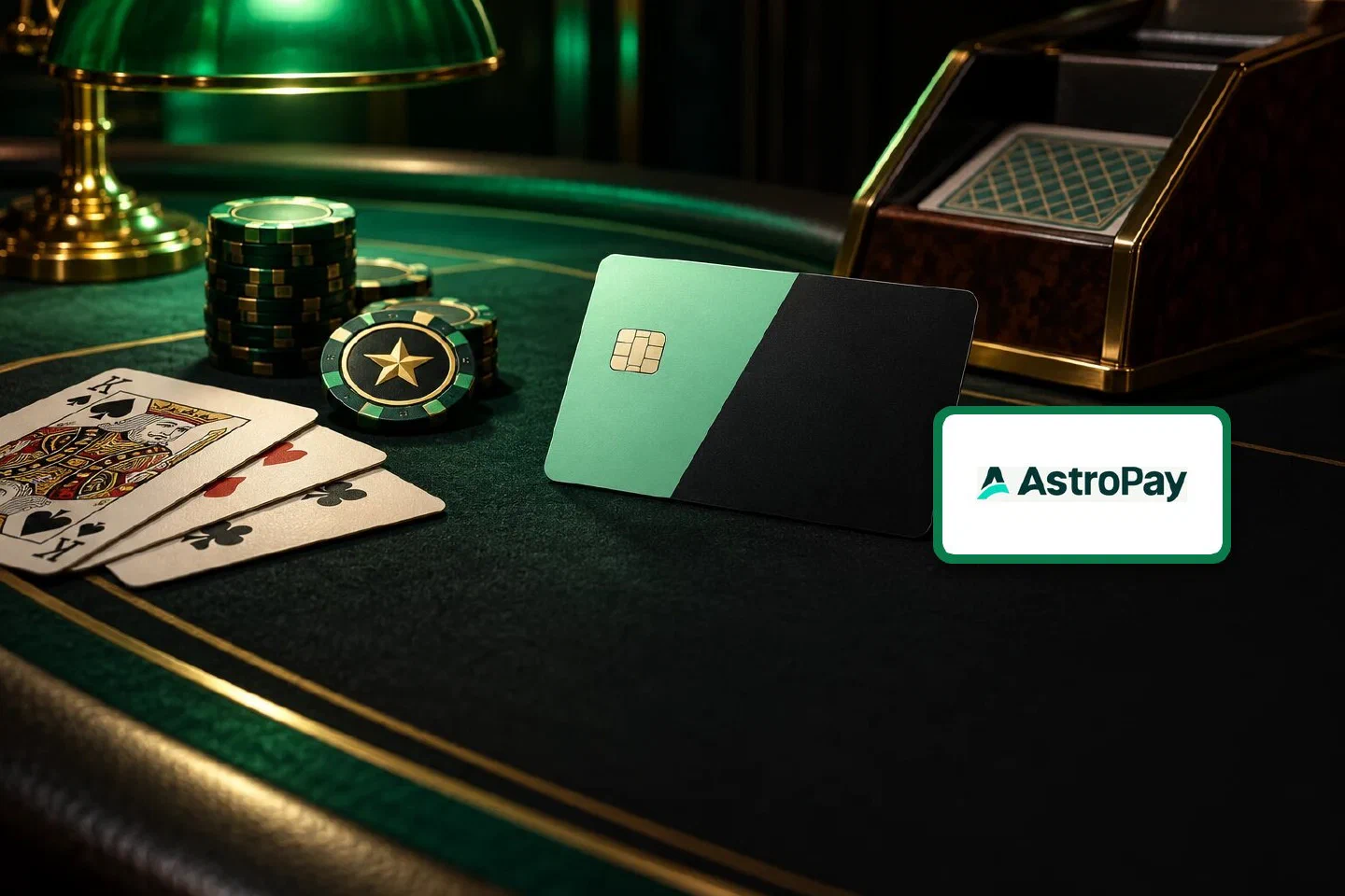 Mint and black card on a baccarat table by a dealing shoe and fanned cards under a green lamp, AstroPay plate