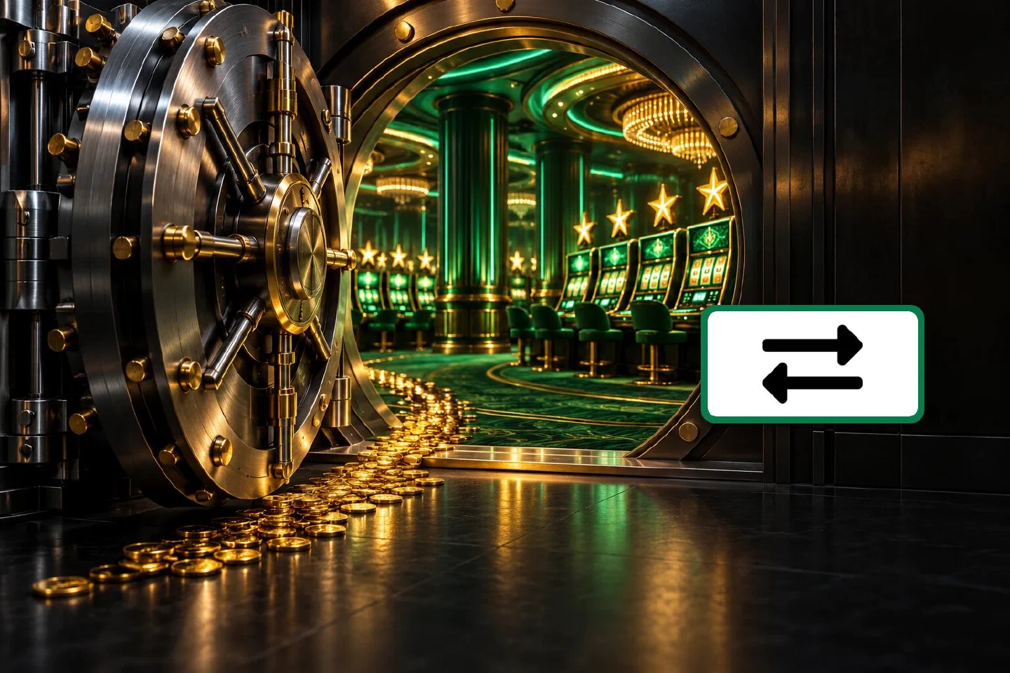 Round vault door opening onto a green-lit casino floor with a trail of gold coins, bank transfer plate