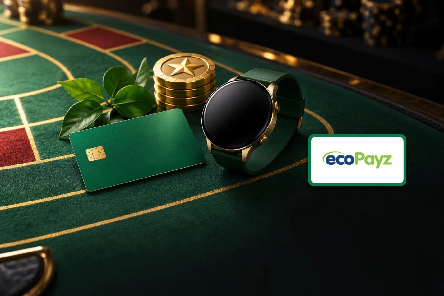 Green wallet card and smartwatch on a baccarat table with green leaves and a gold star coin stack, ecoPayz plate