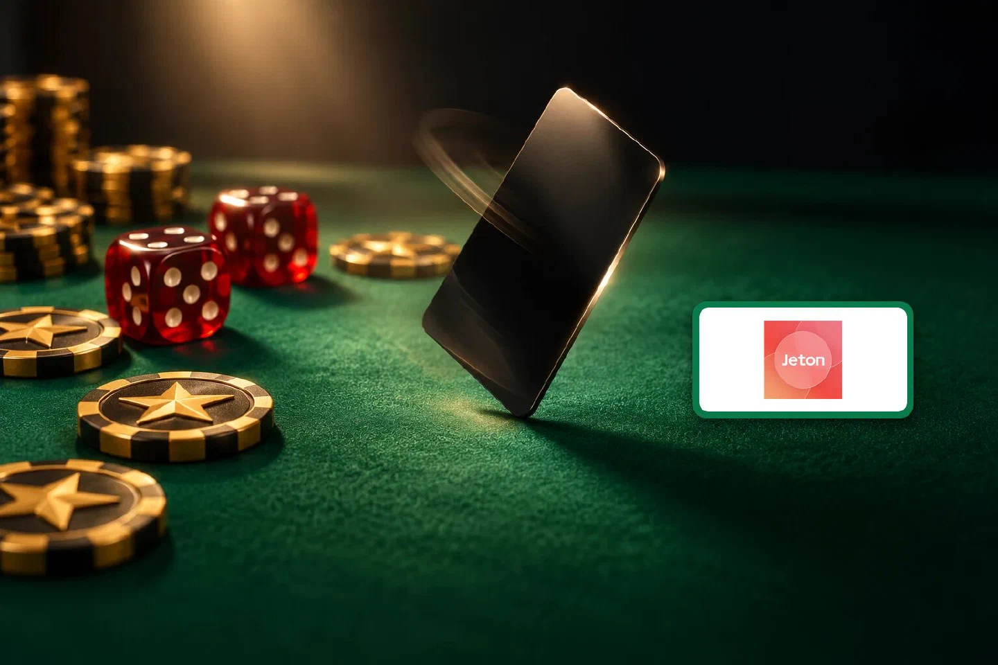 Plain black card spinning on its edge on a green craps table beside red dice and gold star chips, Jeton plate