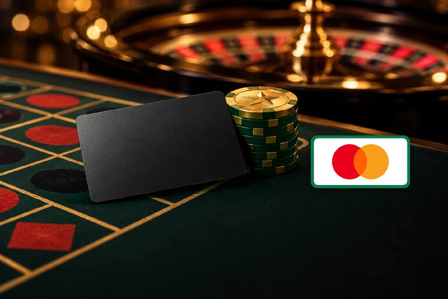Plain black card on a roulette layout beside green chips crowned with a gold star chip, Mastercard plate