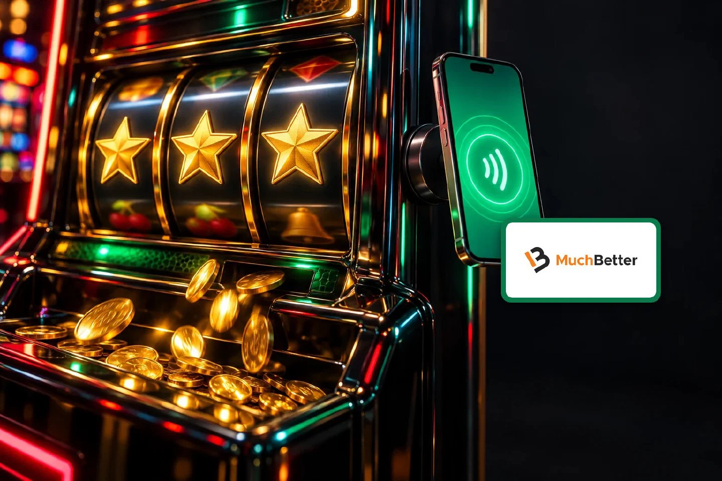 Phone in a magnetic mount on a slot machine showing a green tap-to-pay icon beside gold star reels, MuchBetter plate
