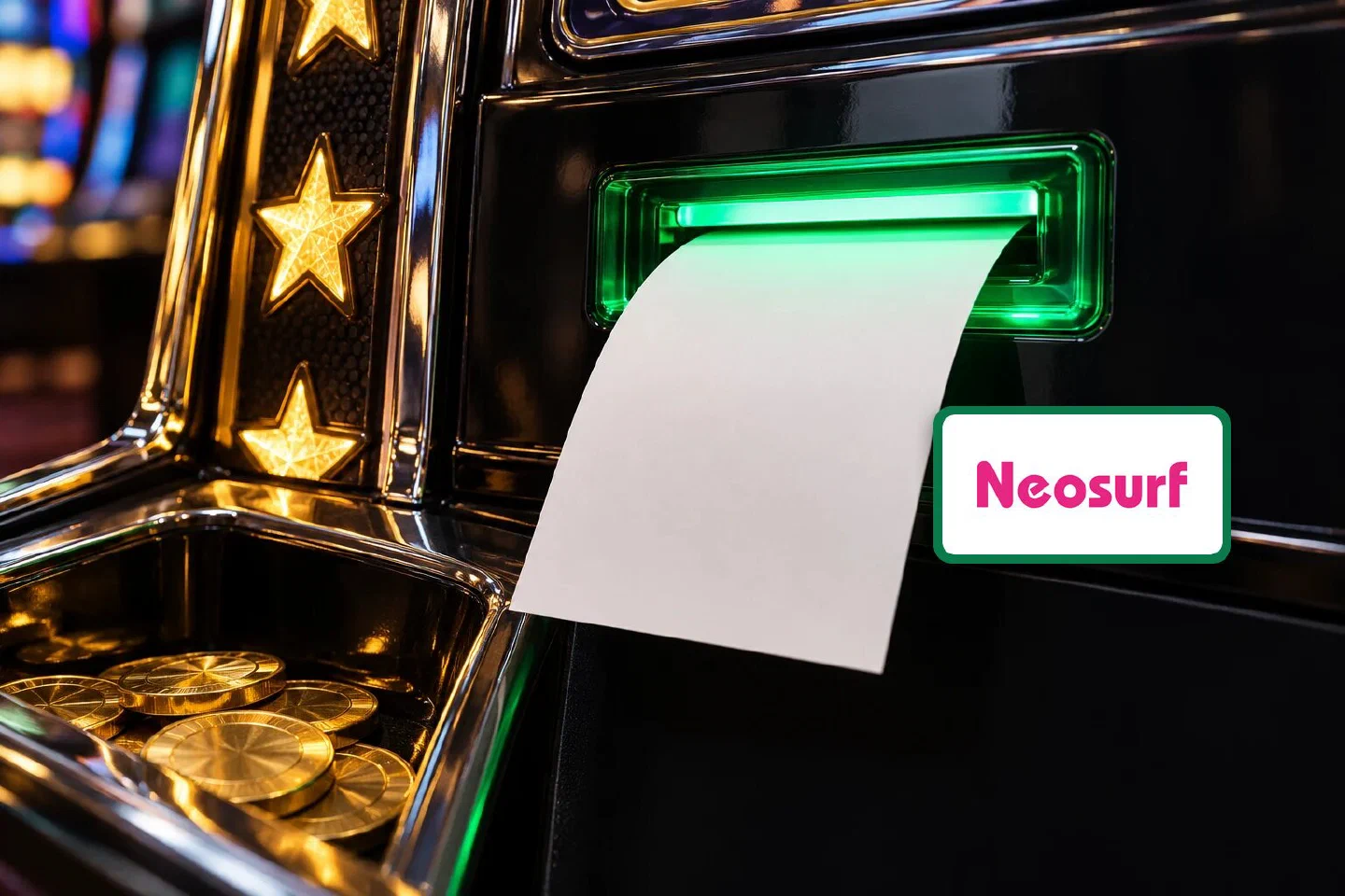 Blank voucher ticket gliding out of a green-lit printer slot on a black slot machine with gold stars, Neosurf plate