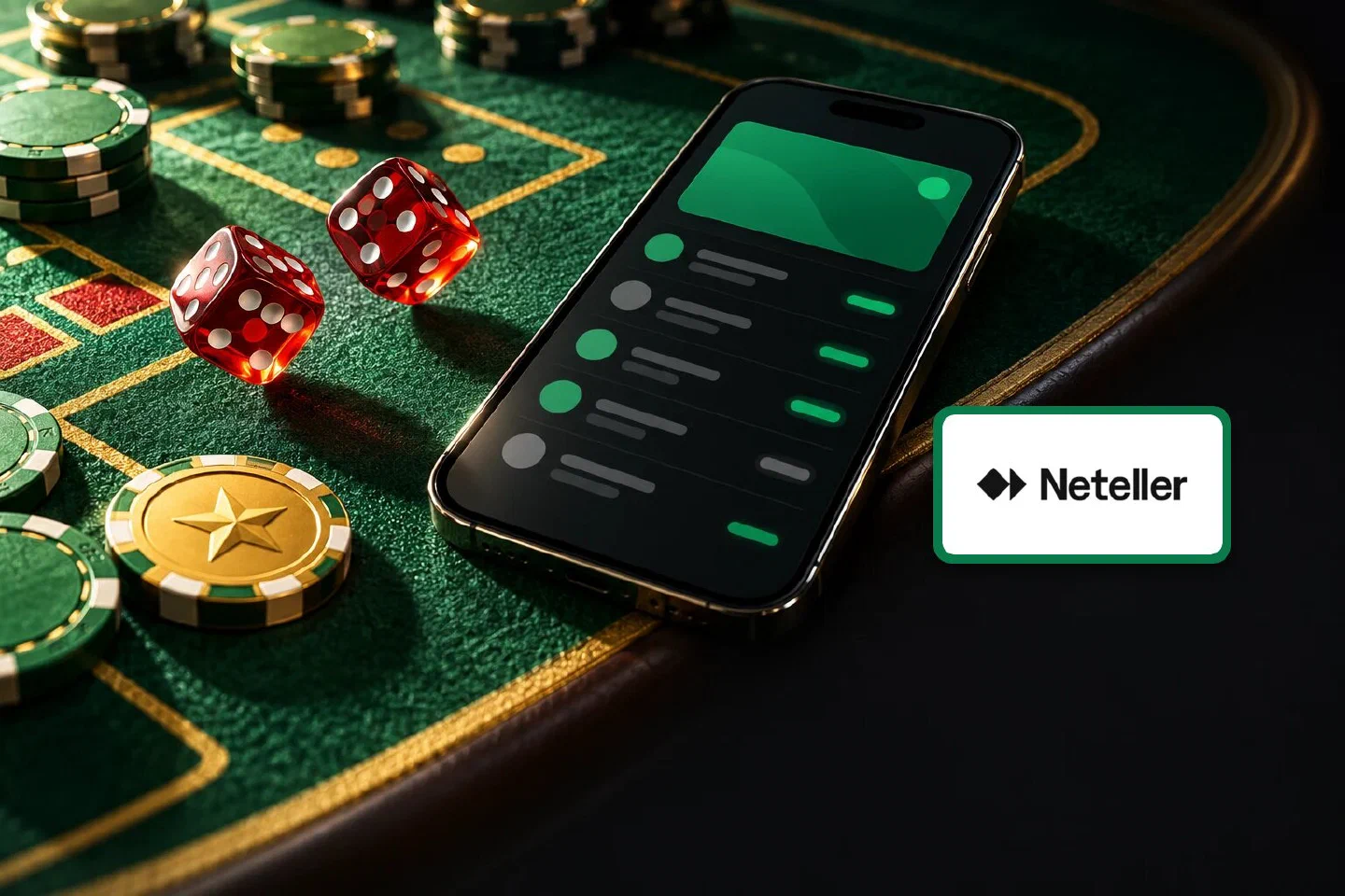 Smartphone with a wallet app on a craps table beside red dice and a gold star chip, Neteller plate