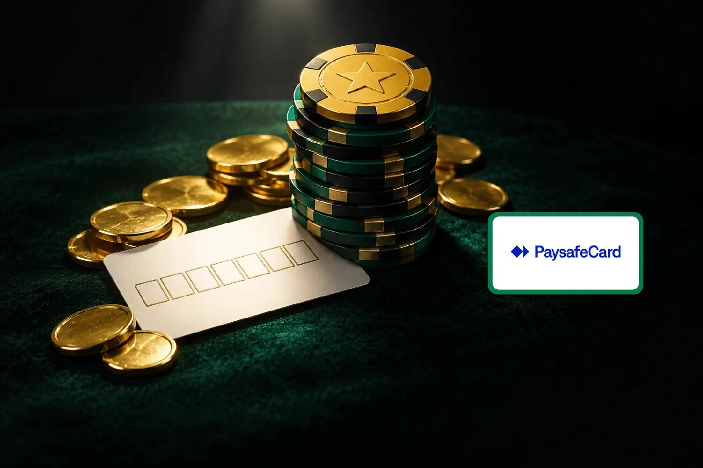 Prepaid voucher with blank PIN boxes tucked under a stack of green chips with a gold star chip, Paysafecard plate