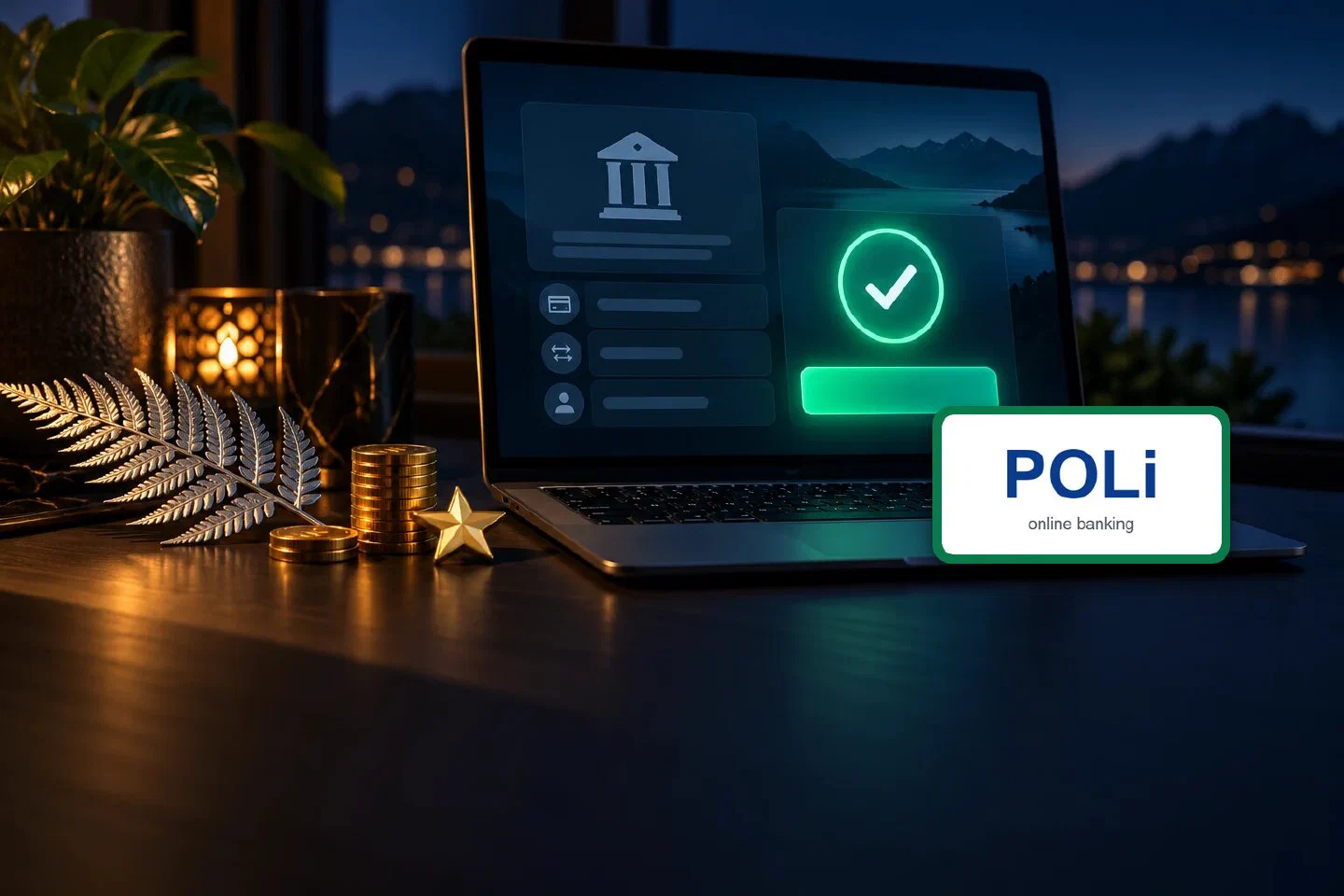 Laptop showing an online-banking confirm screen with a silver fern and gold coins beside it, POLi plate