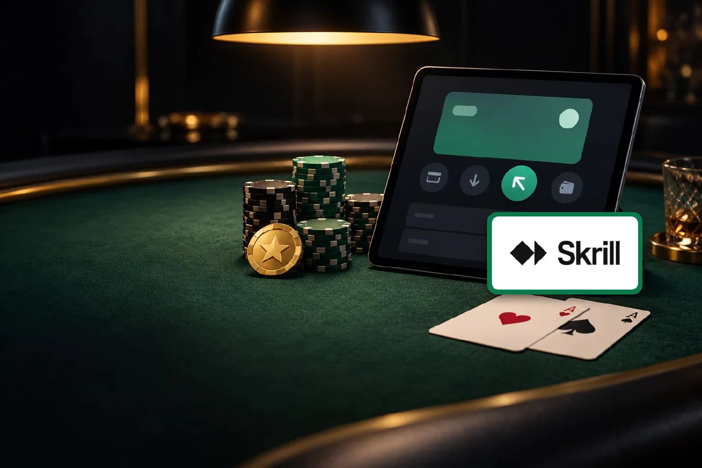 Tablet with a wallet dashboard on a poker table beside chips, a gold star chip and pocket aces, Skrill plate