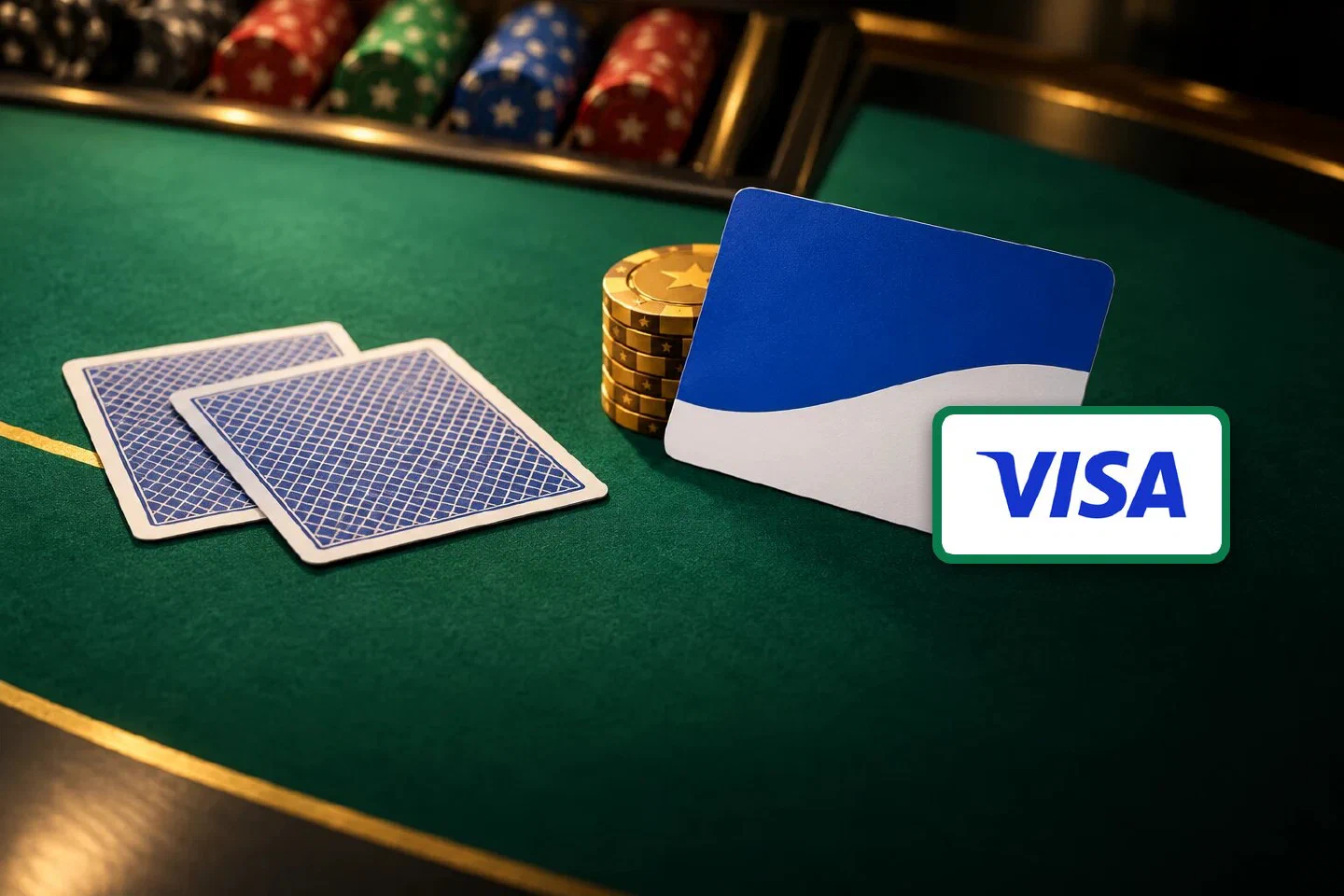 Plain blue and white card leaning on gold star chips beside two face-down cards on green felt, Visa plate
