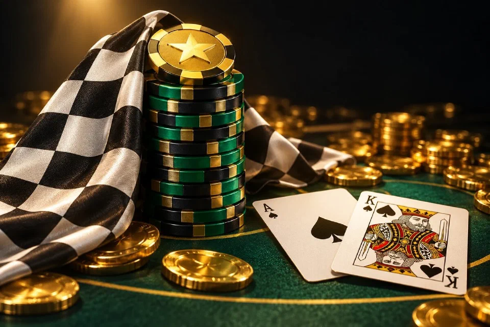 Chequered racing flag over a stack of green and black chips with a gold star chip and an ace and king