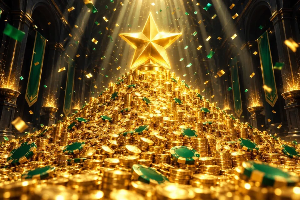 Mountain of gold coins under a giant gold star in a dark hall with green and gold confetti