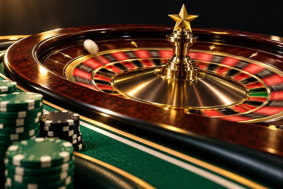 Spinning roulette wheel with a gold star on the turret beside stacks of green chips